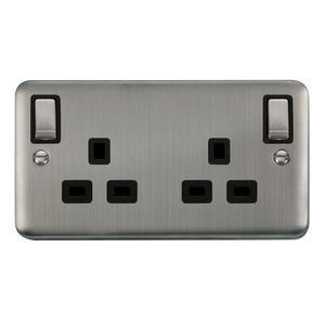 Click® Scolmore Deco Plus® DPSS836BK 13A Ingot 2 Gang DP Switched Socket With Outboard Rockers (Twin Earth) Stainless Steel Black Insert