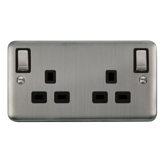 Click® Scolmore Deco Plus® DPSS836BK 13A Ingot 2 Gang DP Switched Socket With Outboard Rockers (Twin Earth) Stainless Steel Black Insert