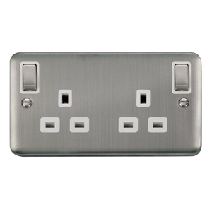 Click® Scolmore Deco Plus® DPSS836WH 13A Ingot 2 Gang DP Switched Socket With Outboard Rockers (Twin Earth) Stainless Steel White Insert