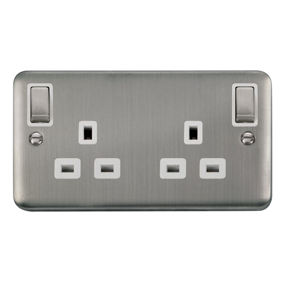 Click® Scolmore Deco Plus® DPSS836WH 13A Ingot 2 Gang DP Switched Socket With Outboard Rockers (Twin Earth) Stainless Steel White Insert