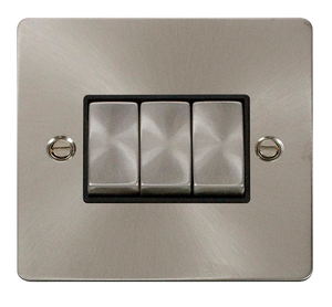 Click® Scolmore Define® FPBS413BK 10AX Ingot 3 Gang 2 Way Plate Switch Brushed Stainless Black Insert