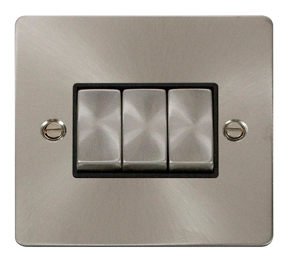 Click® Scolmore Define® FPBS413BK 10AX Ingot 3 Gang 2 Way Plate Switch Brushed Stainless Black Insert