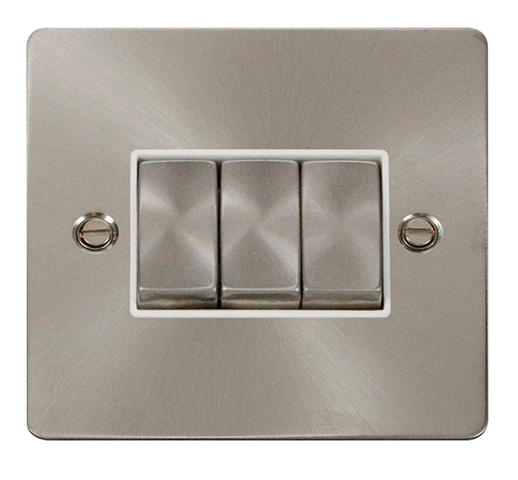 Click® Scolmore Define® FPBS413WH 10AX Ingot 3 Gang 2 Way Plate Switch Brushed Stainless White Insert