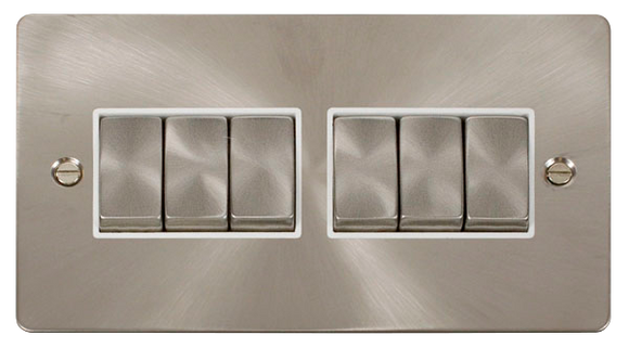 Click® Scolmore Define® FPBS416WH 10AX Ingot 6 Gang 2 Way Plate Switch Brushed Stainless White Insert