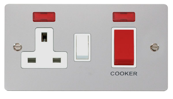 Click® Scolmore Define® FPCH205WH 45A 2 Gang DP Switch With 13A DP Switched Socket & Neons Polished Chrome White Insert