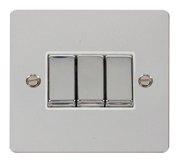 Click® Scolmore Define® FPCH413WH 10AX Ingot 3 Gang 2 Way Plate Switch Polished Chrome White Insert
