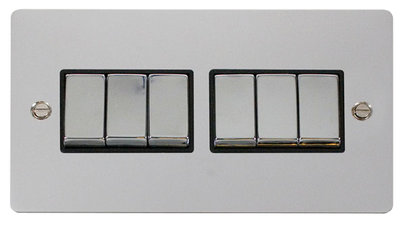 Click® Scolmore Define® FPCH416BK 10AX Ingot 6 Gang 2 Way Plate Switch Polished Chrome Black Insert