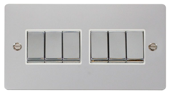 Click® Scolmore Define® FPCH416WH 10AX Ingot 6 Gang 2 Way Plate Switch Polished Chrome White Insert