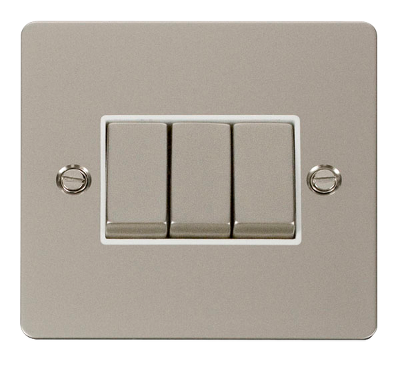 Click® Scolmore Define® FPPN413WH 10AX Ingot 3 Gang 2 Way Plate Switch Pearl Nickel White Insert