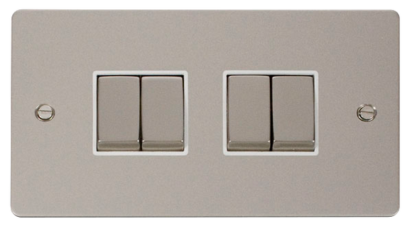 Click® Scolmore Define® FPPN414WH 10AX Ingot 4 Gang 2 Way Plate Switch Pearl Nickel White Insert