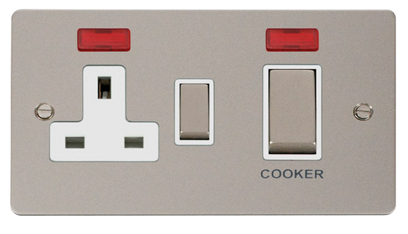 Click® Scolmore Define® FPPN505WH 45A Ingot 2 Gang DP Switch With 13A DP Switched Socket & Neons Pearl Nickel Neons Insert