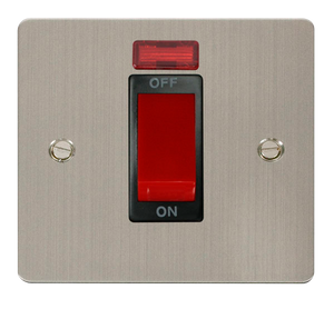 Click® Scolmore Define® FPSS201BK 45A 1 Gang DP Switch With Neon Stainless Steel Black Insert