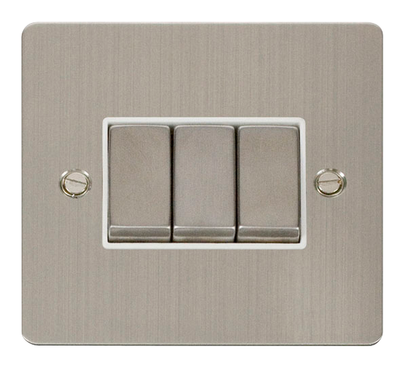 Click® Scolmore Define® FPSS413WH 10AX Ingot 3 Gang 2 Way Plate Switch Stainless Steel White Insert