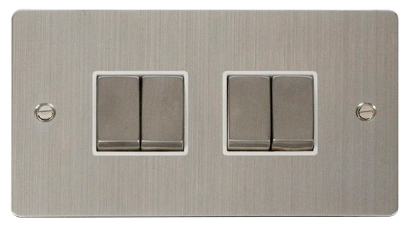 Click® Scolmore Define® FPSS414WH 10AX Ingot 4 Gang 2 Way Plate Switch Stainless Steel White Insert