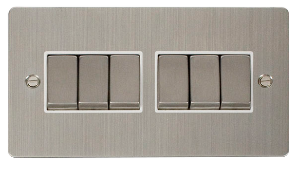 Click® Scolmore Define® FPSS416WH 10AX Ingot 6 Gang 2 Way Plate Switch Stainless Steel White Insert