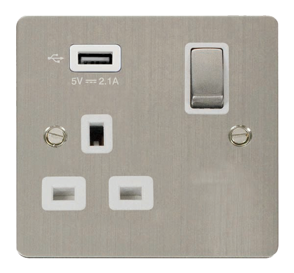 Click® Scolmore Define® FPSS571UWH 13A Ingot 1 Gang Switched Socket With 2.1A USB Outlet (Twin Earth) Stainless Steel White Insert