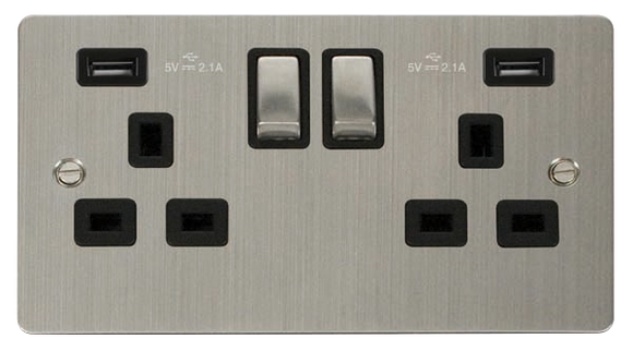 Click® Scolmore Define® FPSS580BK 13A Ingot 2 Gang Switched Socket With Twin 2.1A USB Outlets (4.2A) (Twin Earth) Stainless Steel Black Insert
