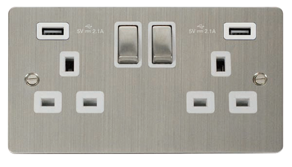 Click® Scolmore Define® FPSS580WH 13A Ingot 2 Gang Switched Socket With Twin 2.1A USB Outlets (4.2A) (Twin Earth) Stainless Steel White Insert