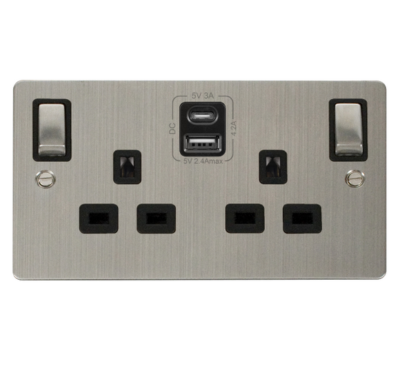 Click® Scolmore Define® FPSS586BK 13A Ingot 2 Gang Switched Safety Shutter Socket Outlet With Type A & C USB (4.2A) Outlets (Twin Earth) Stainless Steel Black Insert