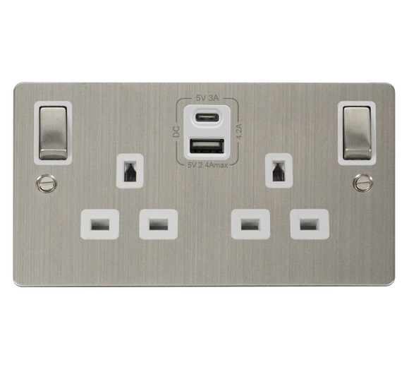 Click® Scolmore Define® FPSS586WH 13A Ingot 2 Gang Switched Safety Shutter Socket Outlet With Type A & C USB (4.2A) Outlets (Twin Earth) Stainless Steel White Insert