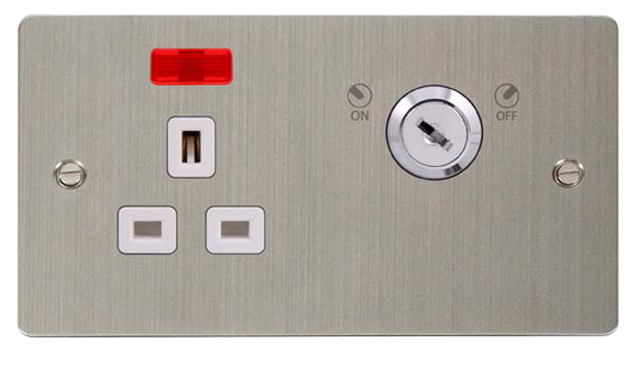 Click® Scolmore Define® FPSS655WH 13A Ingot 1 Gang DP Key Lockable Socket With Neon Stainless Steel White Insert
