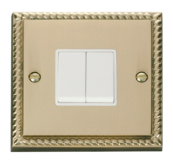 Click® Scolmore Deco® GCBR012WH 10AX 2 Gang 2 Way Plate Switch Polished Brass White Insert