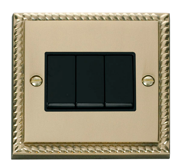 Click® Scolmore Deco® GCBR013BK 10AX 3 Gang 2 Way Plate Switch Polished Brass Black Insert