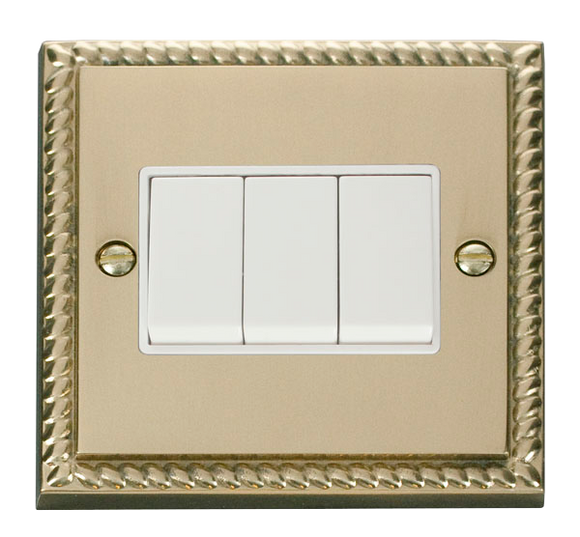 Click® Scolmore Deco® GCBR013WH 10AX 3 Gang 2 Way Plate Switch Polished Brass White Insert