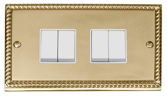 Click® Scolmore Deco® GCBR019WH 10AX 4 Gang 2 Way Plate Switch Polished Brass White Insert