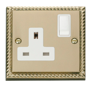 Click® Scolmore Deco® GCBR035WH 13A 1 Gang DP Switched Socket Polished Brass White Insert