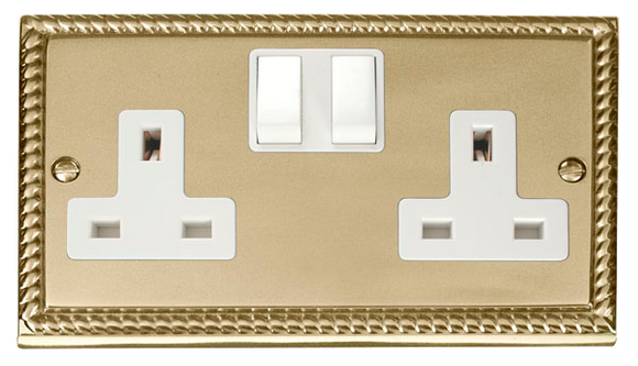 Click® Scolmore Deco® GCBR036WH 13A 2 Gang DP Switched Socket (Twin Earth) Polished Brass White Insert