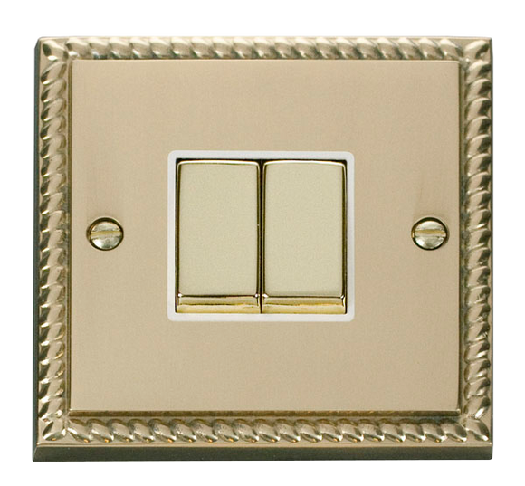 Click® Scolmore Deco® GCBR412WH 10AX Ingot 2 Gang 2 Way Plate Switch Polished Brass White Insert