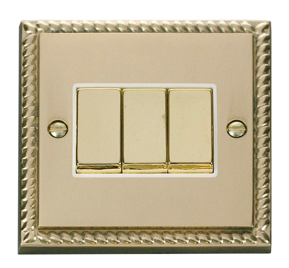 Click® Scolmore Deco® GCBR413WH 10AX Ingot 3 Gang 2 Way Plate Switch Polished Brass White Insert