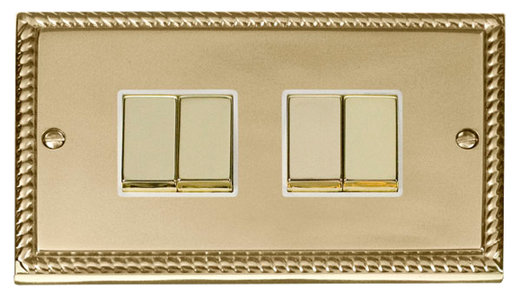 Click® Scolmore Deco® GCBR414WH 10AX Ingot 4 Gang 2 Way Plate Switch Polished Brass White Insert