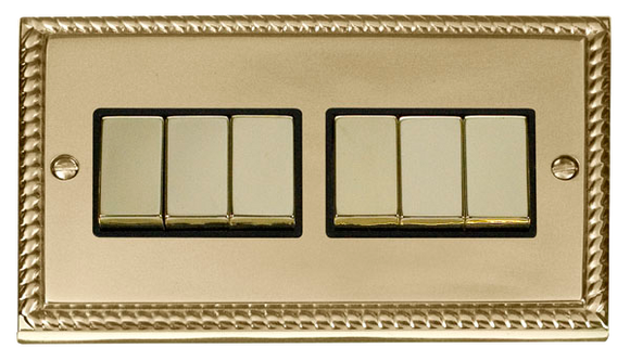 Click® Scolmore Deco® GCBR416BK 10AX Ingot 6 Gang 2 Way Plate Switch Polished Brass Black Insert