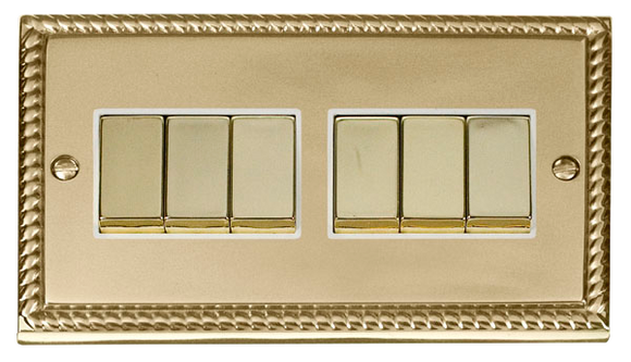 Click® Scolmore Deco® GCBR416WH 10AX Ingot 6 Gang 2 Way Plate Switch Polished Brass White Insert
