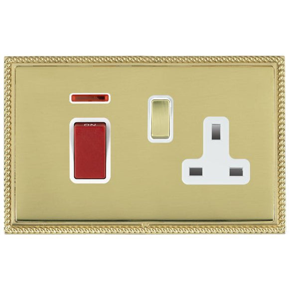 Hamilton LPX45SS1PB-PBW Linea-Perlina CFX Polished Brass Frame/Polished Brass Front 45A Double Pole Rocker + Neon + 13A Switched Socket Red+Polished Brass/White Insert