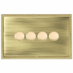 Hamilton LPX4X40PB-AB Linea-Perlina CFX Polished Brass Frame/Antique Brass Front 4x400W Resistive Leading Edge Push On-Off Rotary 2 Way Switching Dimmers max 300W per gang Polished Brass Insert