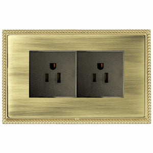 Hamilton LPX5320PB-ABB Linea-Perlina CFX Polished Brass Frame/Antique Brass Front 2 gang 15A 110V AC American Unswitched Socket Black Insert
