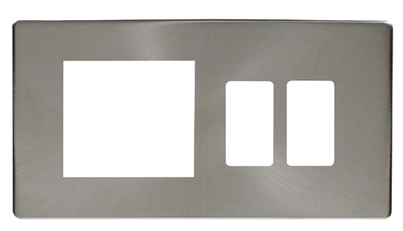 Click® Scolmore GridPro® SCP31102BS Hotel Accessory Plate - 2 Gang Gridpro® Frontplate With Twin New Media Aperture Cover Plate - Brushed Stainless Brushed Stainless  Insert