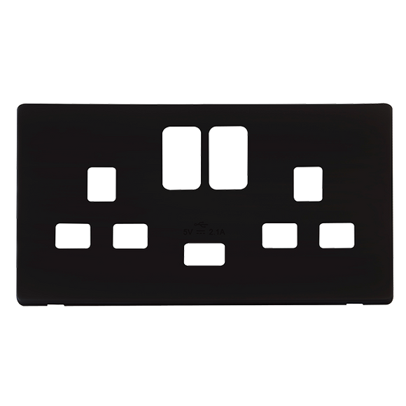 Click® Scolmore Definity™ SCP470MB 13A 2 Gang Switched Socket With 2.1A USB Charger Cover Plate  Metal Black  Insert