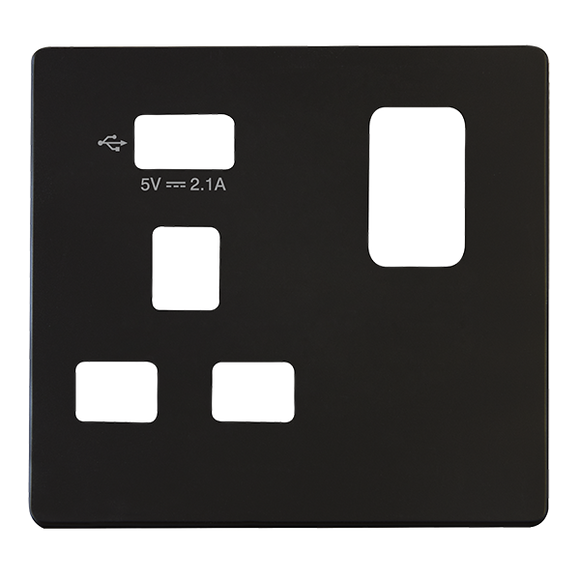 Click® Scolmore Definity™ SCP471UMB 13A 1 Gang Switched Socket With 2.1A USB Charger Cover Plate  Metal Black  Insert