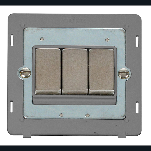 Click® Scolmore Definity™ SIN413GYSS 10AX Ingot 3 Gang 2 Way Switch Insert  Stainless Steel Grey Insert