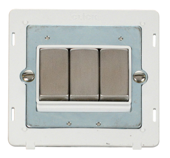 Click® Scolmore Definity™ SIN413PWSS 10AX Ingot 3 Gang 2 Way Switch Insert  Stainless Steel Polar White Insert