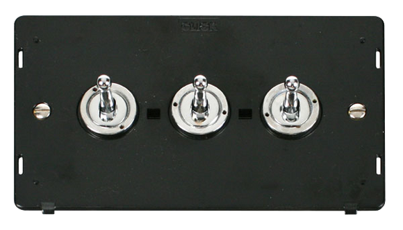 Click® Scolmore Definity™ SIN423CH 10AX 3 Gang 2 Way Toggle Switch Insert  Polished Chrome Black Insert