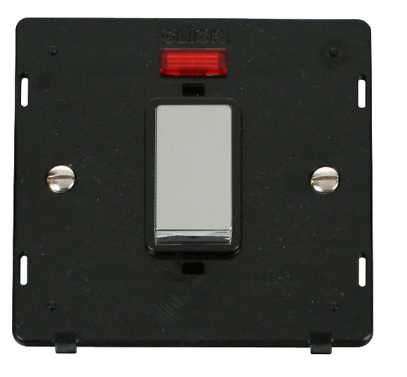 Click® Scolmore Definity™ SIN501BKCH 45A Ingot 1 Gang DP Switch With Neon Insert  Polished Chrome Black Insert