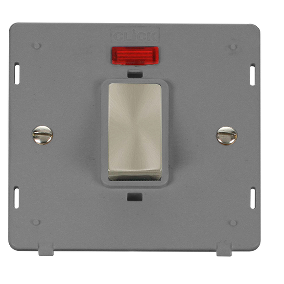 Click® Scolmore Definity™ SIN501GYBS 45A Ingot 1 Gang DP Switch With Neon Insert  Brushed Stainless Grey Insert