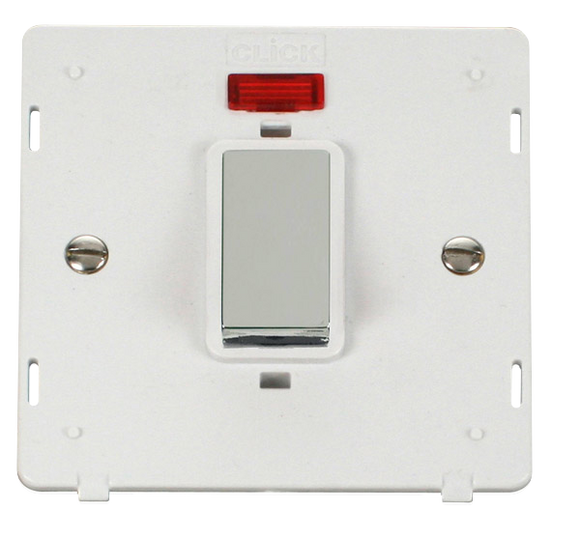 Click® Scolmore Definity™ SIN501PWCH 45A Ingot 1 Gang DP Switch With Neon Insert  Polished Chrome Polar White Insert