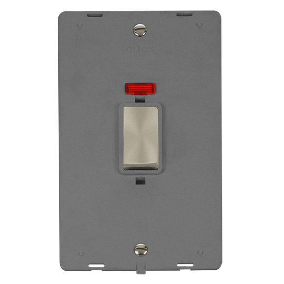 Click® Scolmore Definity™ SIN503GYBS 45A Ingot 2 Gang DP Switch With Neon Insert  Brushed Stainless Grey Insert