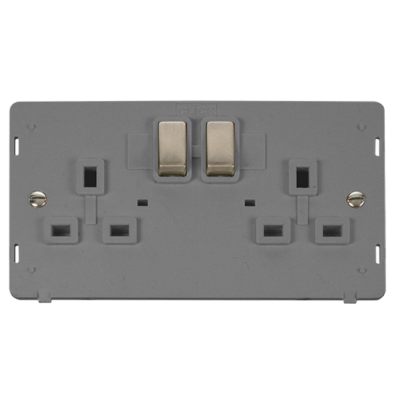 Click® Scolmore Definity™ SIN536GYBS 13A Ingot 2 Gang DP Switched Socket Insert (Twin Earth) Insert  Brushed Stainless Grey Insert